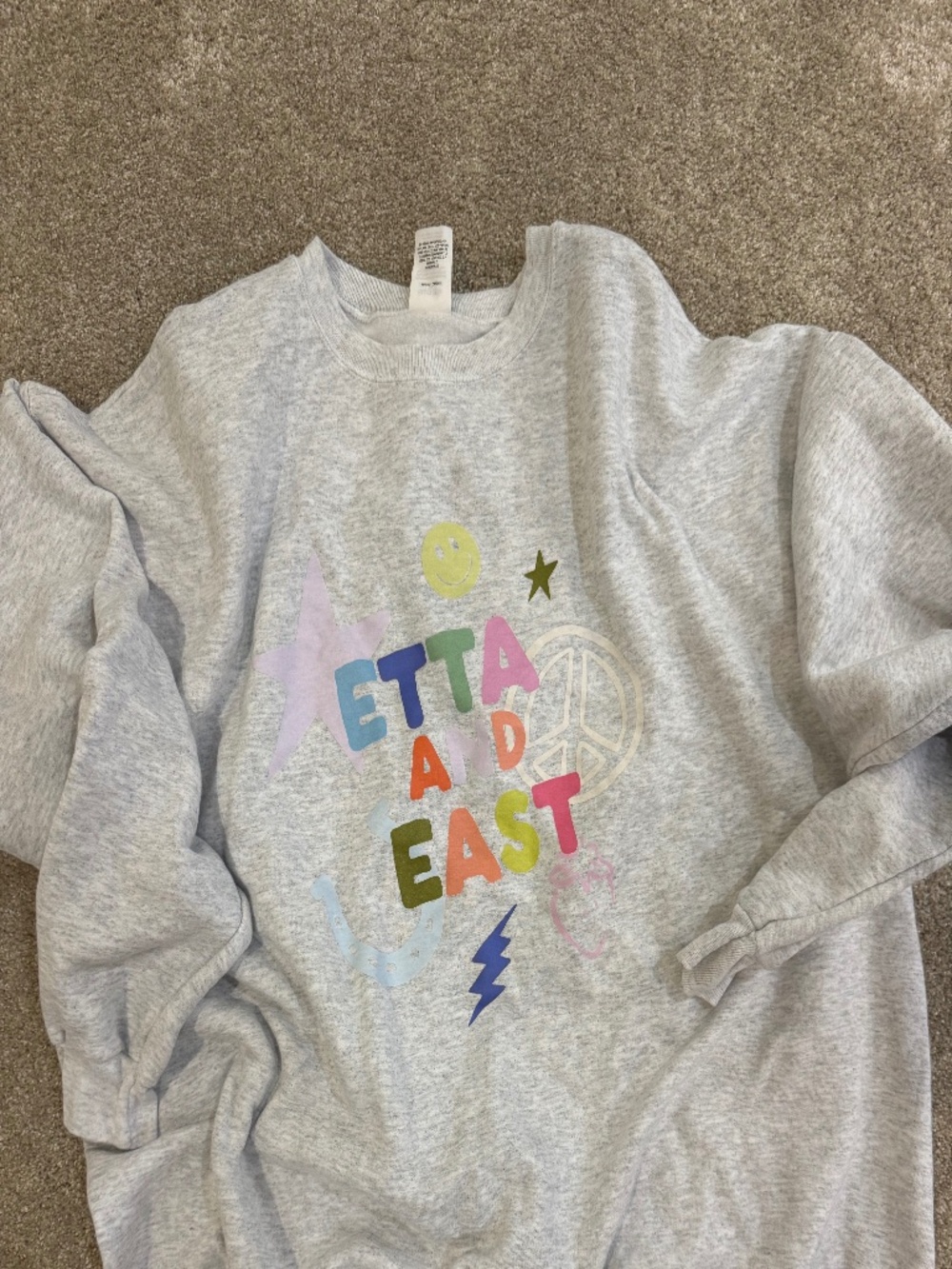 Gray Crewneck Sweatshirt with Colorful Lettering and Icons